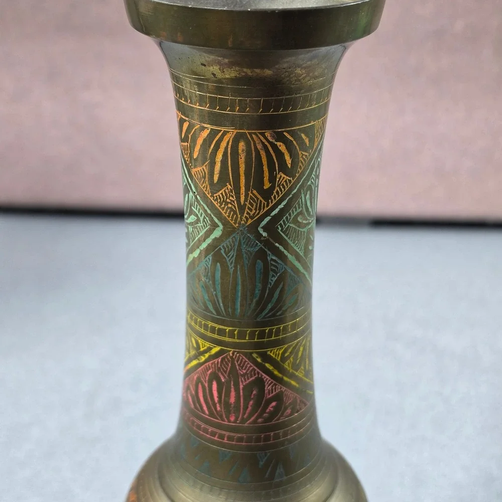 Colored Etched Brass Bud Vase Excellent Enamel‎ Detail